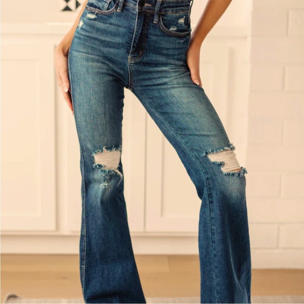 High-Rise Distressed Flare Jeans - Blue